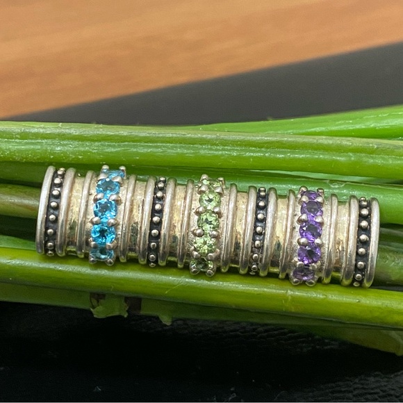 Vintage CID 925 Sterling Signed Amethyst Blue Topaz Peridot Bar Pendant Brooch - Picture 1 of 16